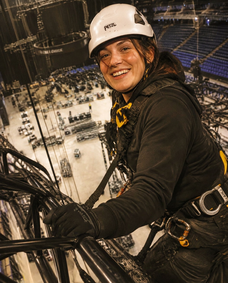 Rigger da equipa a trabalhar em altura numa estrutura de truss