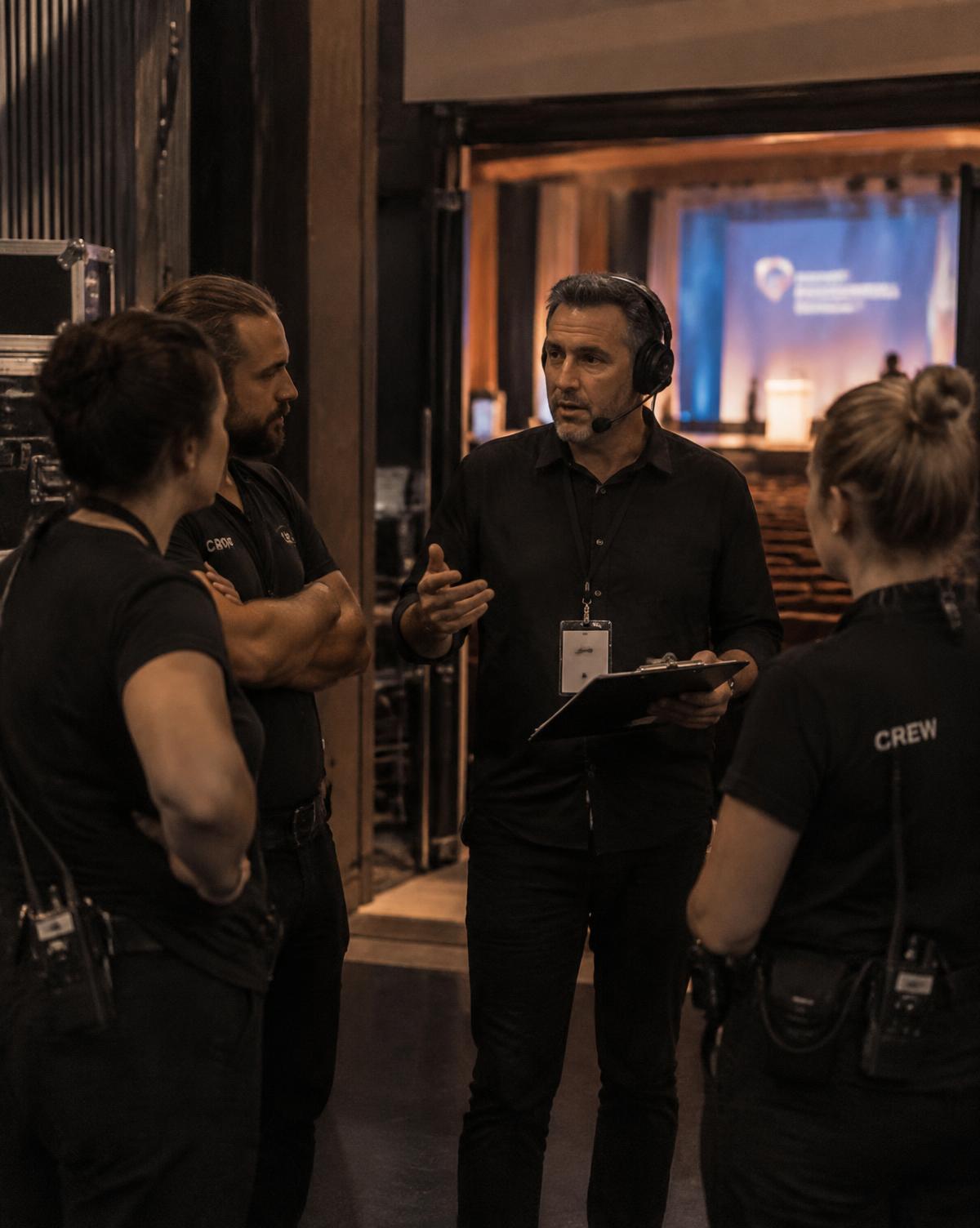 Stage manager a alinhar a equipa antes da abertura de portas